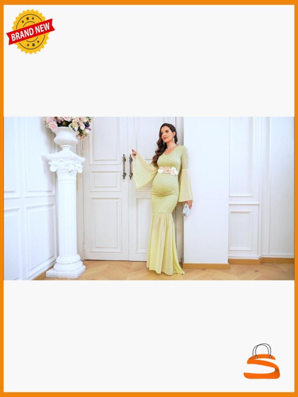 Maternity Lace Chiffon Mermaid Gown Bell Sleeve V-Neck Maxi Dress Photoshoot - Picture 7 of 7